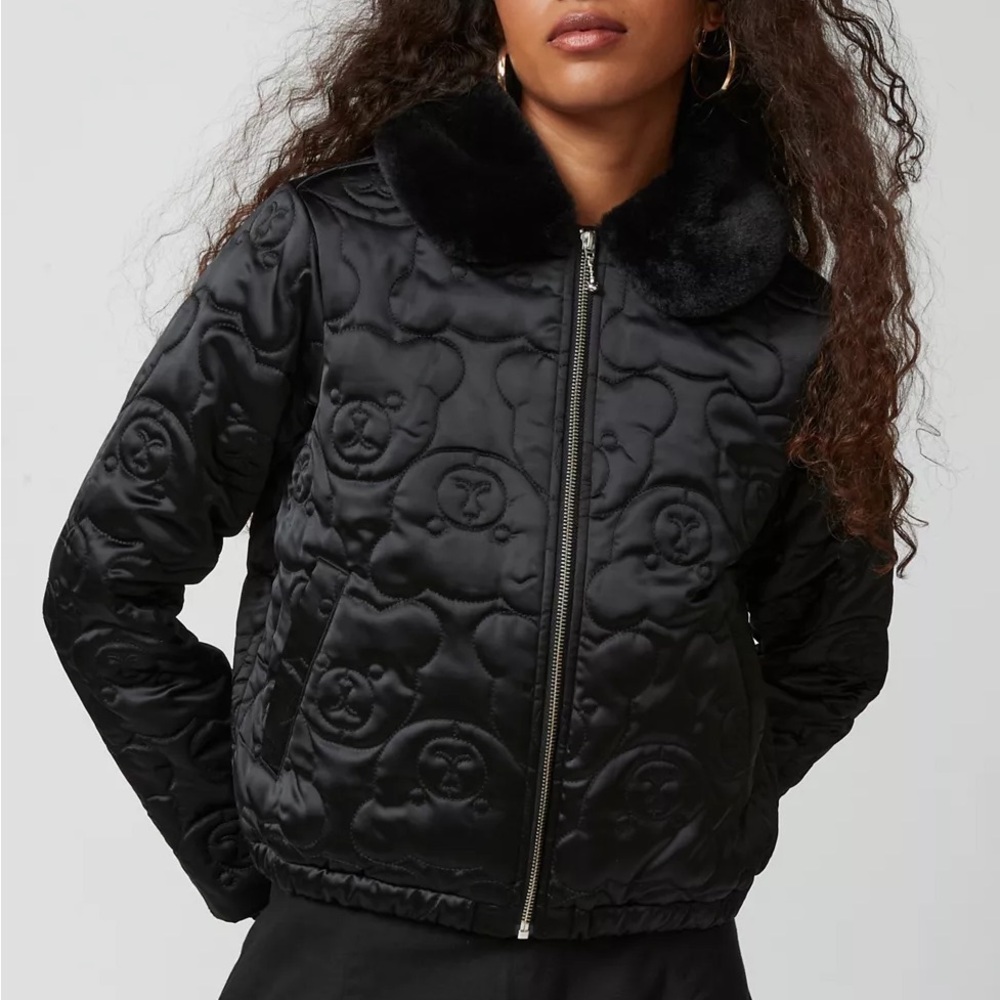 Teddy Fresh Black Quilted Bear Logo Faux Fur Collar Zip Puffer Bomber Jacket